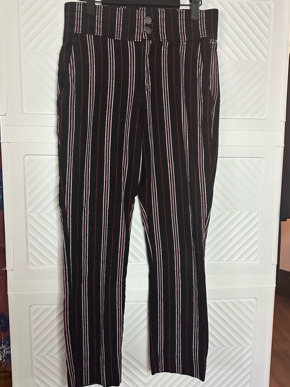 Hollister Black Straight-Leg Pants with White and Red Pinstripes